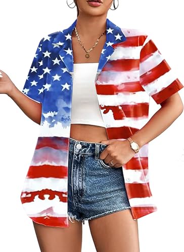 Image of American Flag Shirt for Women 4th of July USA Button Up Tops Summer Hawaii Floral Patriotic Stripes Graphic Tee