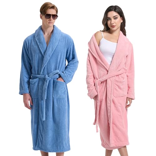 Couples Shawl Collar Bathrobe, Soft Long Towel Robe for Men & Women - Super Absorbent Quick Dry yet Warm