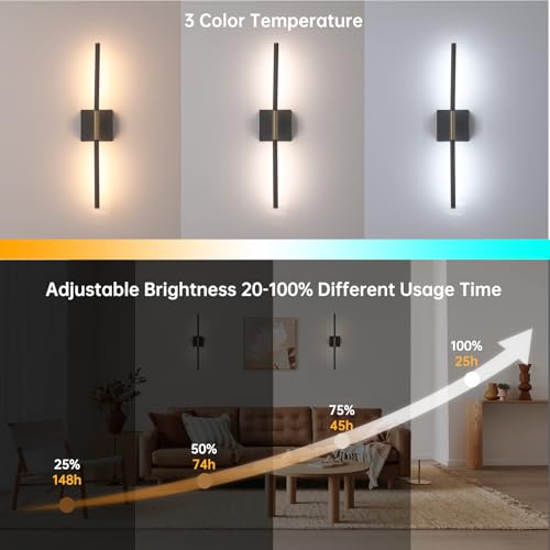 Image of Shenmoyl Battery Operated Wall Sconce Set of 2, 8000mAh Wireless Wall Sconces, 3000K-6000K Dimmable, 350Rotate, Indoor Wall Lights with Remote for Bedroom Living Room Bathroom, Black Gold, 23.6 Inch