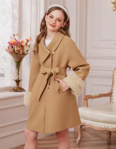 GRACE KARIN Girls Winter Dress Coat Girl Faux Fur Long Sleeve Jacket Kids Long Lined Outerwear with Pockets Belt2