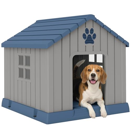 PawHut Cuccia per Cani in Plastica da Esterno Impermeabile Ventilato, Facile Montaggio, Casetta per Cani Taglia Media con Base Rialzato, Finestre e Tetto per Giardino, Patio, Casa, 85x79x82 cm, Grigio