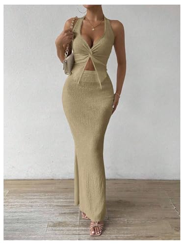 Image of SOLY HUX Women's Two Piece Outfits Twist Front Halter Cami Tops and Skirt Summer Set