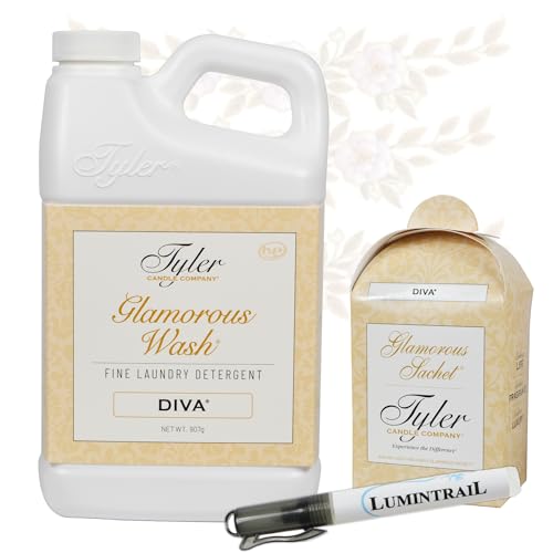 Tyler Glamorous Wash Diva Fine Laundry Detergent with a Lumintrail Stain Remover Pen and Dryer Sachets - Liquid Detergent Designed for Clothing - Hand and Machine Washable - 32oz (Diva)