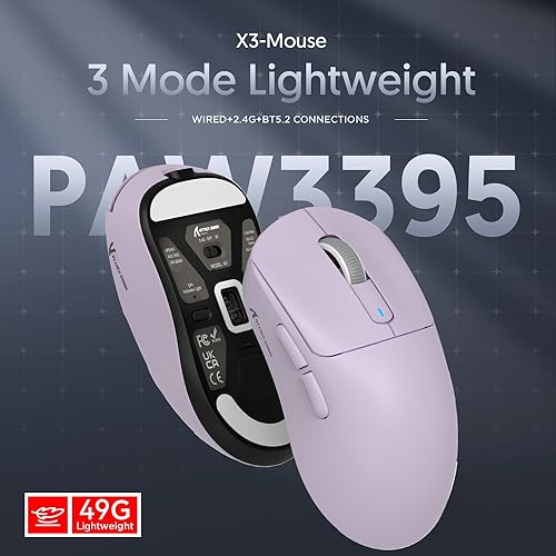 Image of ATTACK SHARK X3 Wireless Gaming Mouse, 49g Ergonomic Computer Mouse, Triple Modes PAW3395 26K DPI Optical Sensor, 200h Battery Life, Programmable Buttons, Gaming Accessories for PC /Laptop /Mac (Purple)