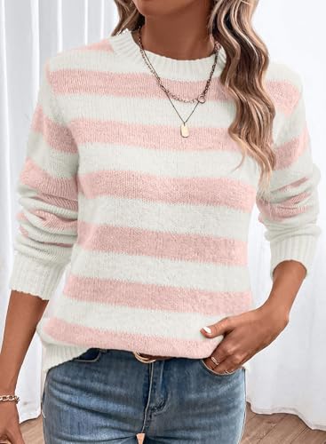 Image of Dokotoo Sweaters for Women 2026 Crewneck Striped Cute Color Block Fall Winter Knitted Pullover Tops