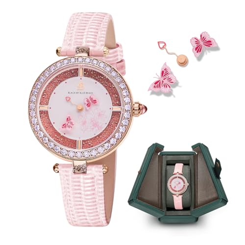 Womens Watch Butterfly Watches for Women Moving Butterflys Hands Pink Dial with Genuine Leather Strap Bee Watches for Women BLACK BY BLUE BRAVE Butterfly Lovers Sapphire Crystal Glass combining Cubic Zirconia Stones and 3.5mm Pink Synthetic Crystal Womens Wrist Watch