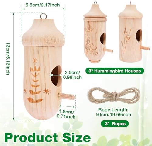 3 Pack Wooden Hanging Humming Bird Nest, Hummingbird House for Outside, Hanging Bird Houses with String Hemp Rope, Small Wild Birds Nest Box, Wooden Birds Feeder Cute Gardening Present for Home - 1
