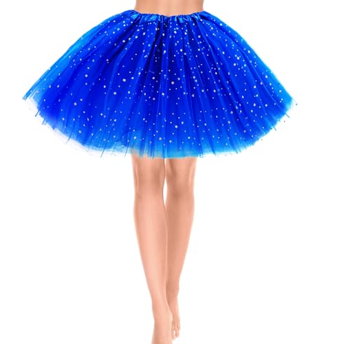 Tüllrock Damen Blau 3 Lagen Tüll Rock mit Pailletten Sternen Adult Teen Tütü Rock Damen Mädchen Retro 80er Party Halloween Karneval Party Kostüm