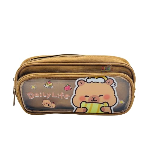 Image of Alokik Enterprise Cute Cartoon Pencil Pouch with Double Zipper & Transparent Window, Large Capacity Fabric Pen Case for School, Office, Students, Kids & Teens (Daily Life Brown Pouch)
