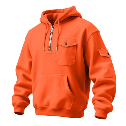 Hoodie Herren Sweatshirt mit Brusttasche Pullover Herren 1/4 Zip Hoody Einfarbige Hoodie mit Kapuze Langarm Kordelzug Casual Arbeitspullover Lässige Oversize Hoodies, 01-naranja, L