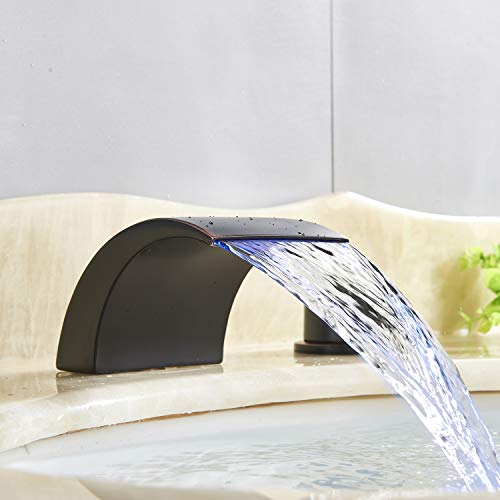 Senlesen Deck Mount Double Handles 3 Holes Waterfall LED Light Widespread Bathroom Sink Faucet Oil Rubbed Bronze