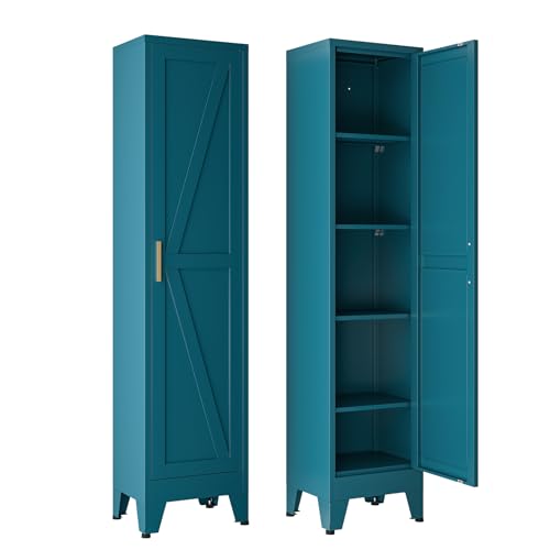 Image of 67 inch Tall Storage Cabinet with Reversible Doors and Adjustable Shelves,Metal Slim Freestanding Cabinet for Bathroom Kitchen Garage Small Spaces,Blue,5-Tier 1 Pack