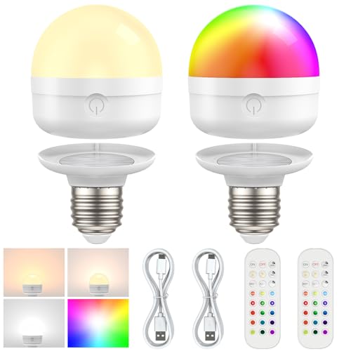LGMCF Bombilla recargable con control remoto, E27 regulable inteligente RGB color bombillas alimentadas por pilas, bombilla LED de carga desmontable de 6 W para lámparas no cableadas, 2 unidades
