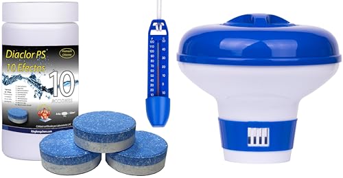 Kit Cloro Piscinas pequeñas DIACLOR PS 10 Efectos 1 KG (Pastillas 100 GR) Tratamiento Completo + DOSIFICADOR Grande + TERMÓMETRO