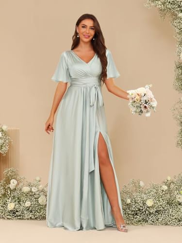Short Sleeve Satin Bridesmaid Dresses for Women V-Neck Floor Length Formal Dresses with Slit LOK0013