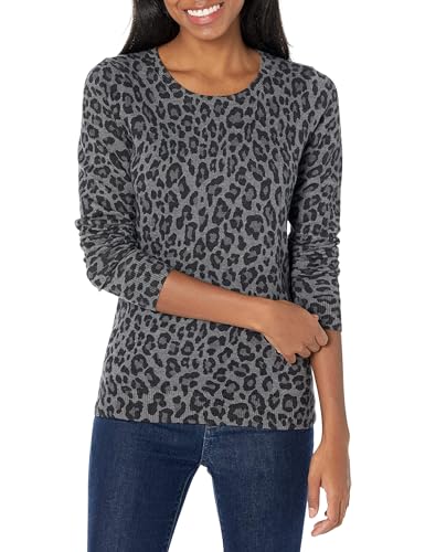 Amazon Essentials Damen Leichter, Langärmeliger Pullover Mit Rundhalsausschnitt (Erhältlich in Übergröße), Grau Gepardenaufdruck, M