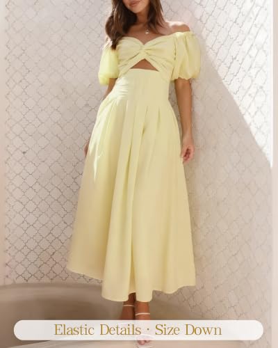 Image of Women's Summer Off The Shoulder Dresses Puff Sleeve Twist Front Cut Out A-Line Dress Casual Maxi Dress with Pockets