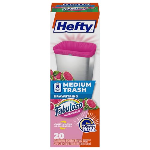 Hefty Medium Trash Bags 8 Gallon Pink Fabuloso Watermelon Scented Garbage Bags with Drawstring Closure 20 Bags