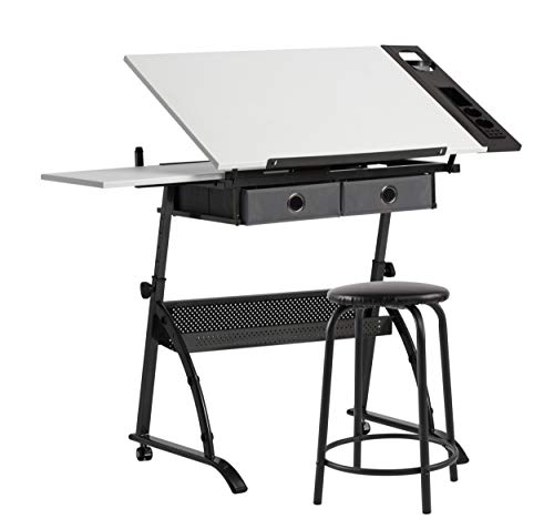 Craft & Hobby Essentials , Gunmetal Grey 27\-37.5\ Height Adjsutable, Craft, Drafting, Drawing, Mobile Table with Tilting 35.5\ W Top, 2-Cloth Drawers, Slide-out Art Tray and Stool