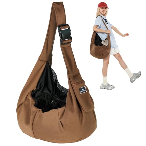 ペットスリング 犬猫兼用 抱っこ紐 小型犬 ペットキャリーバッグ 斜め掛け 肩パッド付き メッシュカバー 飛び出し防止ストラップ付き 安全ロープ付き 調節可能 ポケット付き お出かけ 散歩 通院 9kgまで対応 (ブラウン)