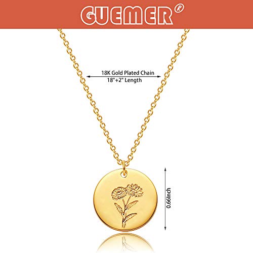 Guemer 12 Birth Month Flower Pendant Necklace 14K Gold Plated Dainty Simple Month Birth Floral Disc Pendant Engrave Coin Necklace Minimalist Jewelry Mom Daughter Bff Gift #TOP4