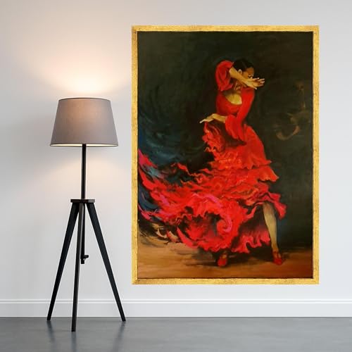 YUSUZHU Tableau sur toile représentant une danseuse de flamenco en robe rouge, décoration murale avec une danseuse espagnole, estampe culturelle (40 x 60 cm...
