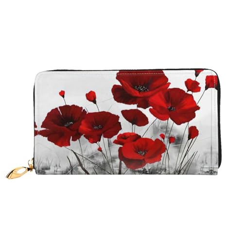 Porte-cartes de crédit femme en cuir à fermeture éclair et motif coquelicot