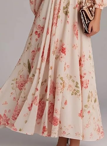 Women's Sweet Pink Floral Print Maxi Dress Elegant V-Neck Long Sleeve Loose Dress Spring and Summer Cool Outfits4