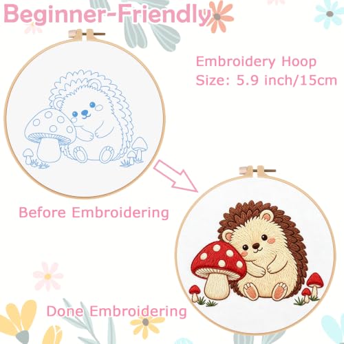 Image of Nuberlic Embroidery Kit for Beginners Stamped Hedgehog Needlepoint | Stamped Animal Embroidery Starter Kit for Adults Complete Cross Stitch Kit Home Decor, Gifts And Relaxing Art