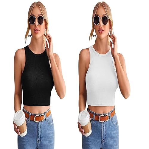 Image of SriSaras Women's Black & White Cotton Strechable Tank Tops /Crop Tops