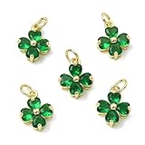 LiQunSweet 5 Pcs Cubic Zirconia Green Clover Charms Brass Lucky Four Leaf Clover Leaf Pendants for Jewelry Making St. Patrick's Day Bracelet Necklace