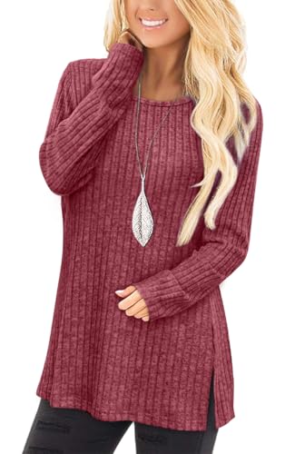 Image of Jescakoo Long Sleeve Shirts for Women Crew Neck Fall Tops Side Split Lightweight Tunic Sweaters Fashion Clothes 2025 S-4XL