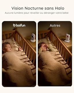 Boifun Babyphone Camera Bebe Surveillance sans WiFi, Vision Nocturne Infrarouge Invisible,4 Pouces, HD 720P, Interphone Bidirectionnel, Berceuses, Détecteur Température/Son, Zoom 3x, Rappel de Biberon