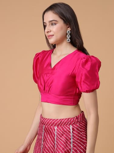 Image of Frolic Rolic Premium Silk V-Neck Blouse Readymade Saree Blouse - Designer Puff Sleeve Blouse for Wedding