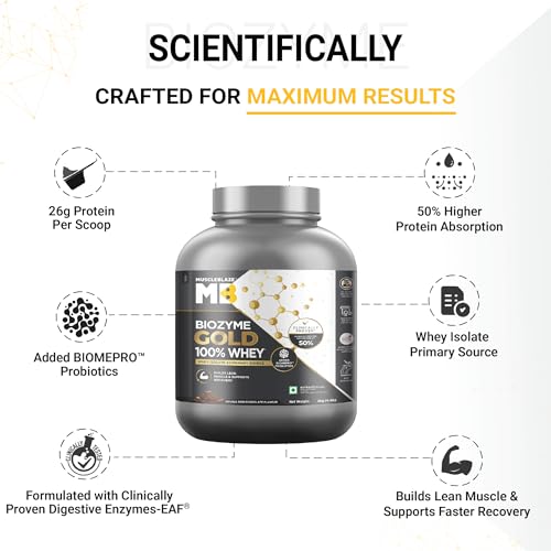 Image of MuscleBlaze Biozyme Gold 100% Whey Protein Powder (Double Rich Chocolate, 2kg / 4.4 lbs) | 26g Protein Per Scoop | Whey Isolate as Primary Protein Source