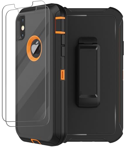 Coque iPhone X et XS orange avec clip ceinture et 2 verres trempés de protection