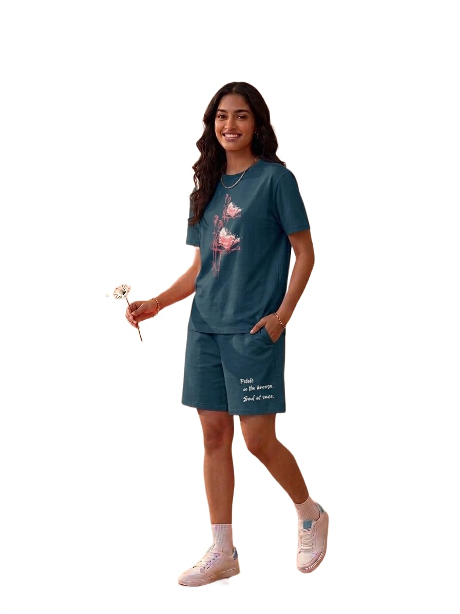 Women's Cotton Lounge Set Graphic Printed T-Shirt with Shorts Co-ord Set-image-7