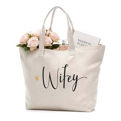 CARAKNOTS Mrs Tote Bag for Bride 2026 – Large Natural Canvas Wedding Tote with Zipper & Pocket, Future Mrs & Bride to Be Gifts for Bridal Shower, Engagement, Bachelorette Party, Honeymoon Beach Bag