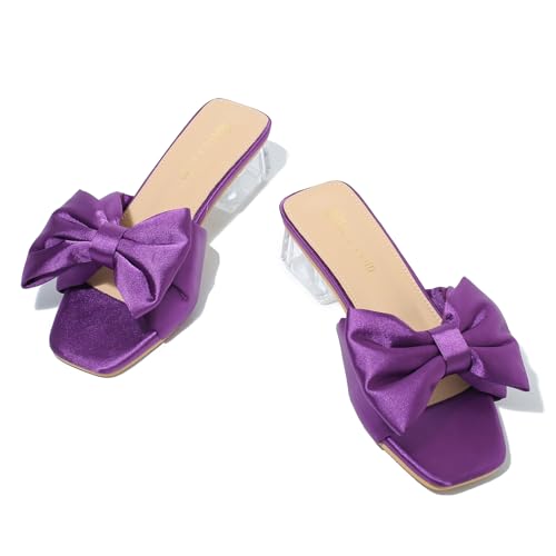 Heiyom Women's Square Toe Low Block Chunky Heels Mules Sandals Bowknot Slip on Clear Heels Wedding Bridal Party Dress Shoes2