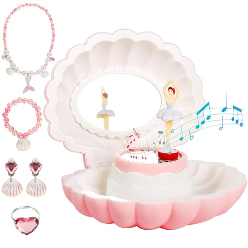 Hebaogugu Music Box with Jewellery Set, Ballerina Jewelry Box for Girls, Daughters, Nieces, Musical Jewellery Box with LED Mirror for Birthday, Christmas, Children's Day, Kids Storage Box for Gift
