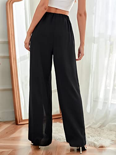 WDIRARA Women's Split Elastic Waist Wide Leg Tie Front Wrap Long Pants2