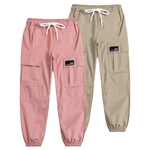 Image of Cromoncent Girls 2 Packs Cargo Pants Elastic Waist Lightweight Outdoor Jogger Pants Pink+Khaki 6-7 Years