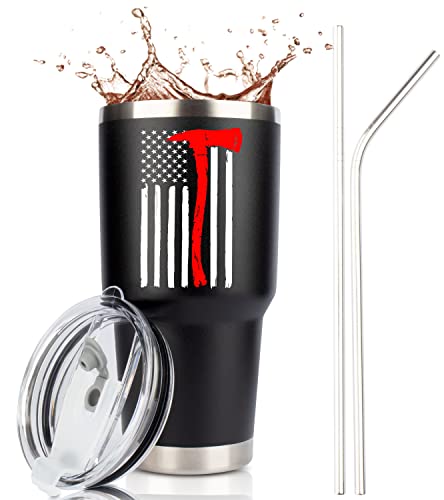 Firefighter Gifts for Men | 30 Ounce Stainless Steel Travel Tumbler Mug with Lid for Coffee Cup| Thin Red Line Flag Design for Fireman | Fire Department | First Responder (Black, 30 Ounce)