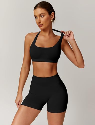 Image of ABOCIW Workout Sets for Women 2 Piece seamless Halter Sports Bra Scrunch Butt Impact Shorts Gym Yoga Outfits
