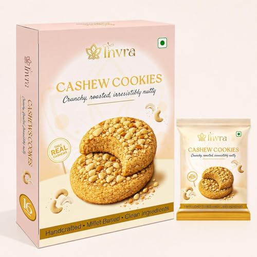 Image of Invra Cashew Millet Cookies | Handcrafted Premium with Real Cashews | Clean Ingredients, No Artificial Preservatives | Crunchy Anytime Snack | 16 Pack