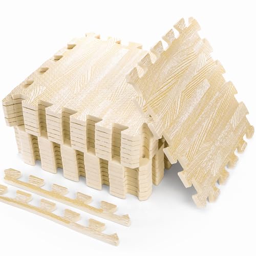 Tebery 16 Pieces Printed Wood Grain Floor Tiles 3/8-Inch Thick EVA Foam Puzzle Floor Mat (White Wood)