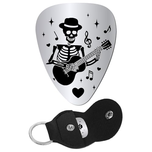 CREATCABIN Skeleton Guitar Pick Triangle Plectrums Gothic Stainless Steel Acoustic Electric Rock Picks with PU Leather Pouch Keyring Accessories for Bass Guitar Lovers Musician Halloween 1.26 x 1 inch
