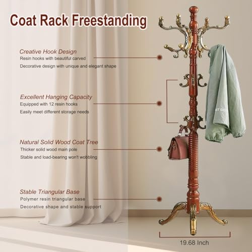 SEMIR Wood Coat Rack Natural Birch Entryway Coat Rack with 10 Hooks and Triangular Base Coat Tree to Hang Hats Jackets Bags Handbags