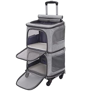 FASRIOU Mochila doble para gatos con ruedas desmontables, bolsa de viaje portátil, mochila plegable para 2 gatos/perros pequeños/conejos, gris
