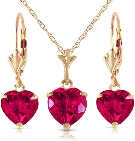 Galaxy Gold GG 14K Solid Yellow Gold Lab Grown Heart Ruby Necklace and Earrings Set Grade AAA